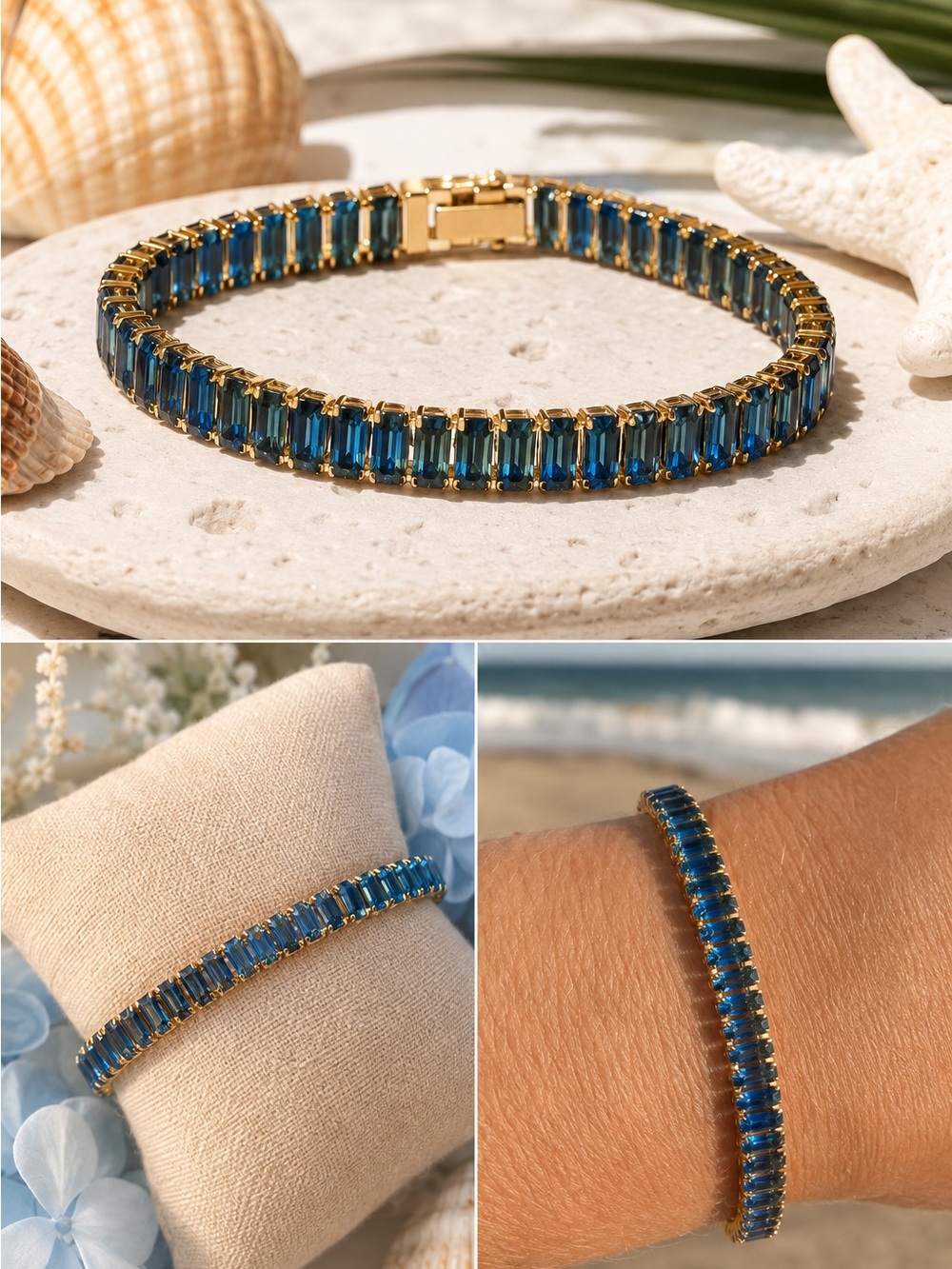 Gold Plated WmBracelet with Blue Emerald-Cut Stones - Women's Jewelry